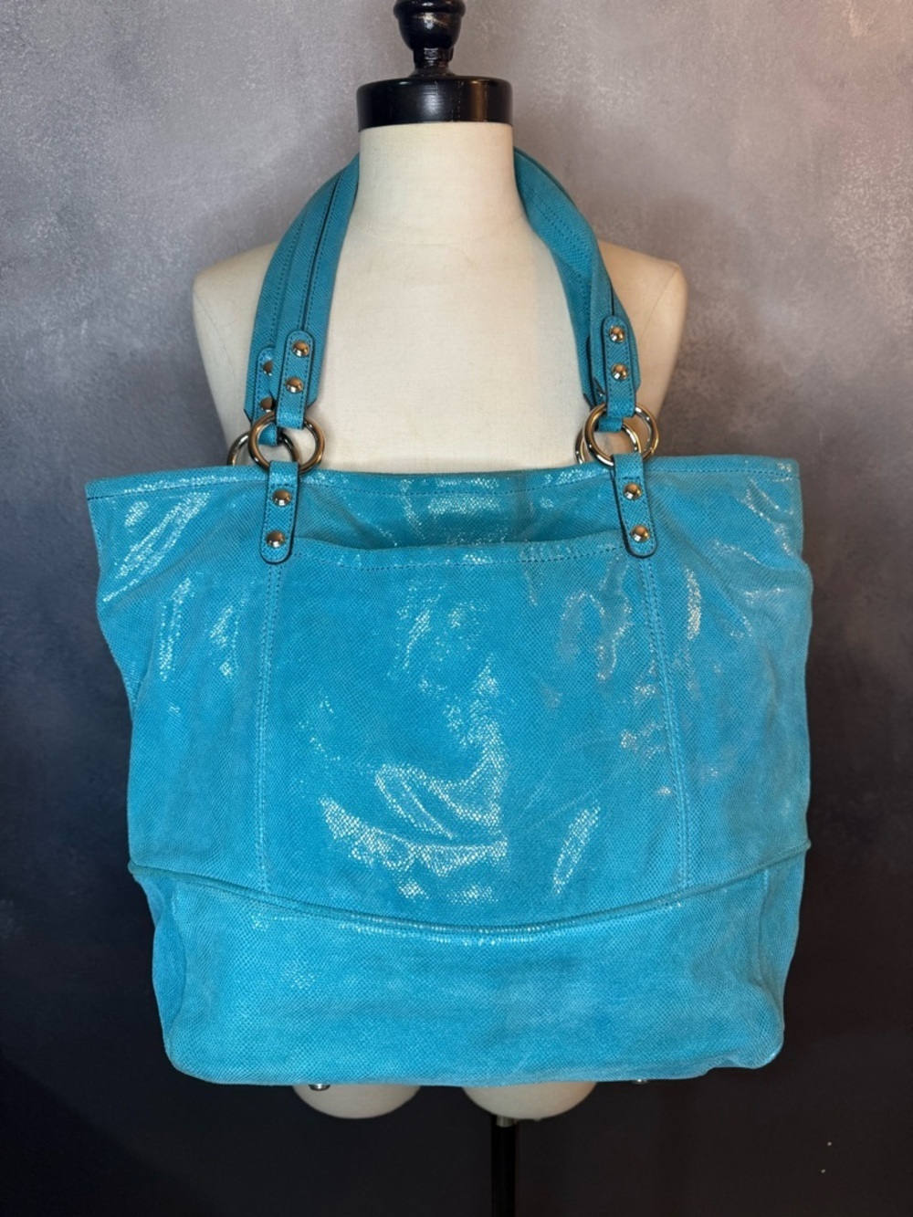 B Makowsky Blue Turquoise Silver Snake Embossed Soft Leather Large Handbag - Picture 4 of 15